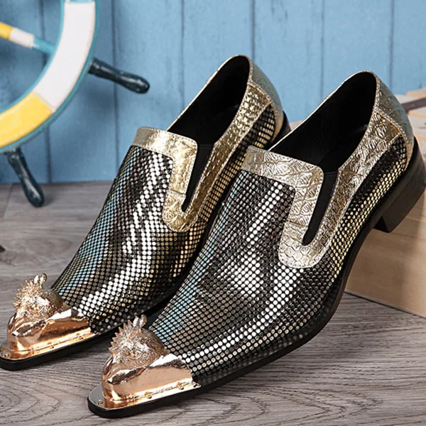 

Shoes Male Genuine Leather Pointed Metal Toe Casual British Style Loafers Men Full Grain Leather Cow Leather Slip-on Rubber