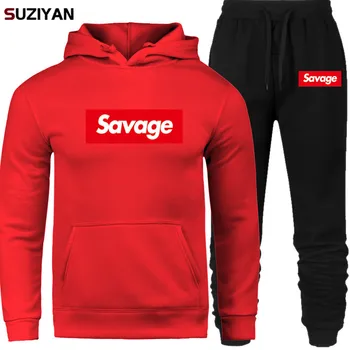 

Pullover Men Set Clothing+Pants Fleece Hoodies Sportwear Print Savage Sets New 2019 Men Tracksuits Outwear Male Sweatshirts