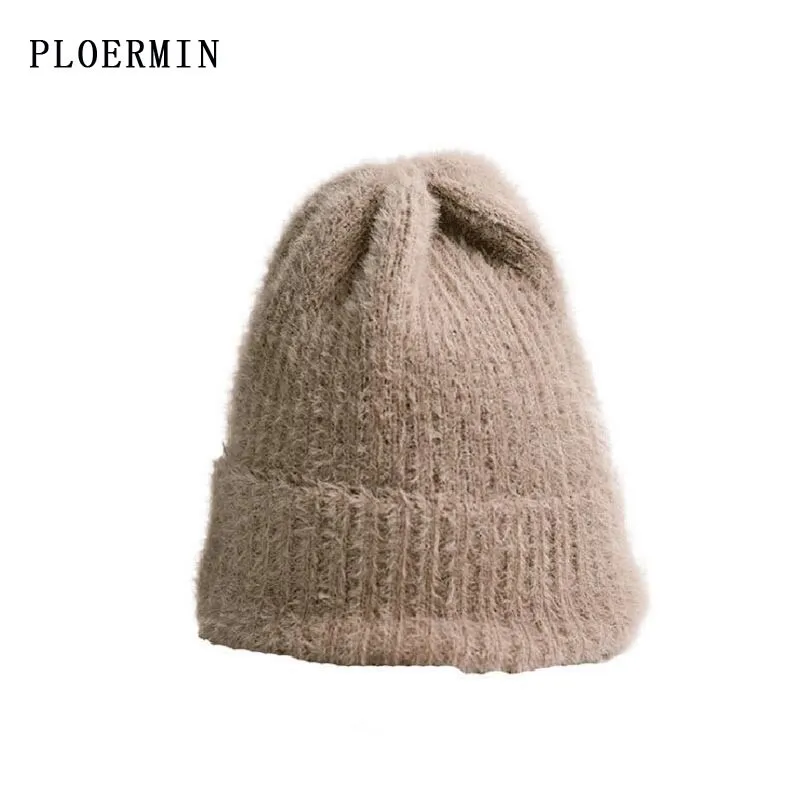 

Women Autumn Winter Hats Solid Color Faux Mink Fur Beanies Hat Thin Knitted Fall Hat girl's Skullies Cap Bonnet Femme