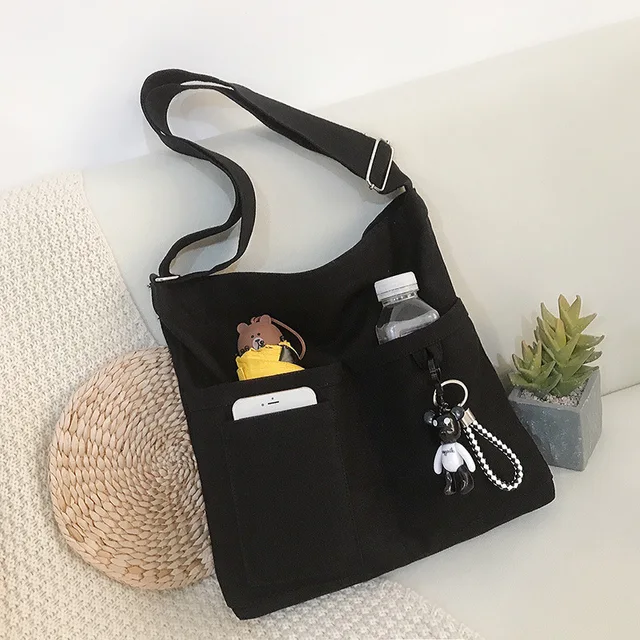 New Lady's Cross-body Bag Canvas Art Plain Color Single Shoulder Bag College and High School Remedial Bag Class Bag black
