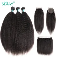 

Sexay Coarse Yaki 3/4 Bundles With Lace Closures Transparent Peruvian Remy Hair Kinky Straight Hair Weave With Closures Frontals