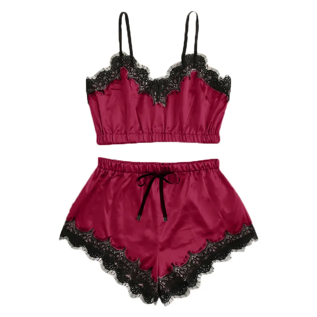 Z30 Lingerie Sexy Bra Set Women's Sleepwear Sleeveless Strap Lace Trim Satin Cami Tops Pajama Sets Bras Women Brief Sets