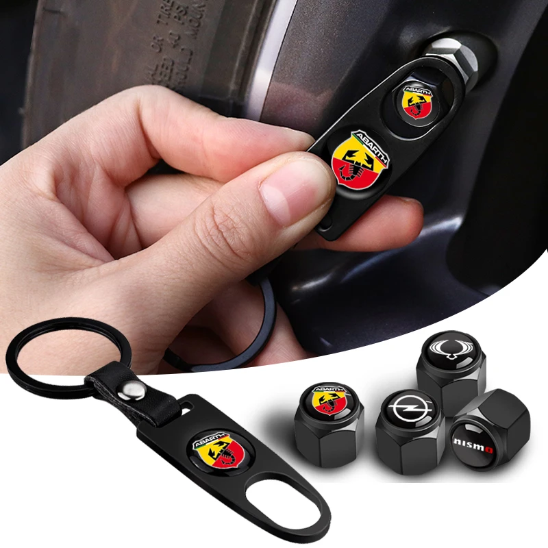4pcs Car Tire Valve Caps With Wheel Wrench Keychain Accessories For