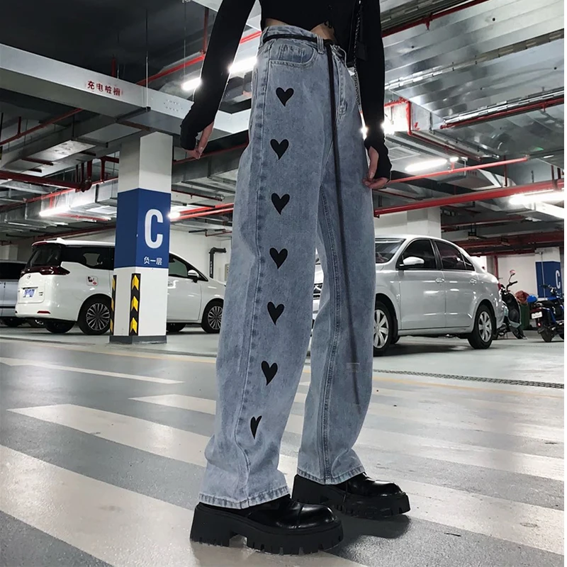 

Harajuku Streetwear Love Heart High Waist Washed Straight Jeans Women Autumn Winter Full Length Boyfriend Style Denim Pants