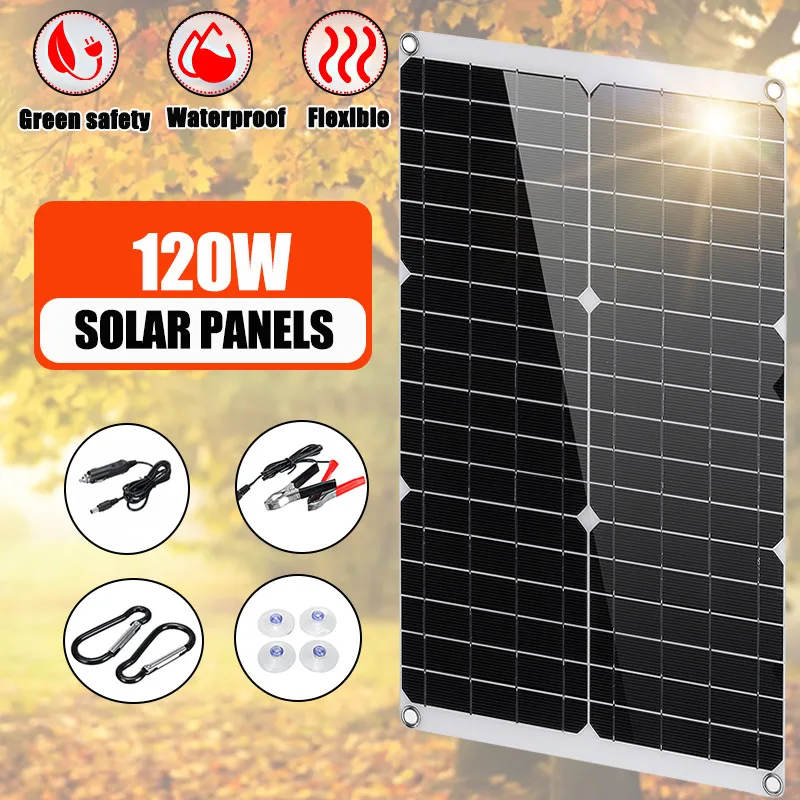 

120W 12V Solar Panel Outdoor DIY Dual USB Output Solar Cells Poly Solar Panel MonoCrystalline Silicon for Car Yacht Battery Boat