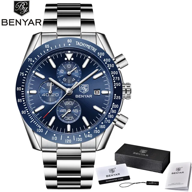 BENYAR, модные мужские часы, Лидирующий бренд, водонепроницаемые кварцевые роскошные часы с хронографом, военные спортивные мужские часы с датой, мужские часы - Цвет: S-Sliver Blue Box