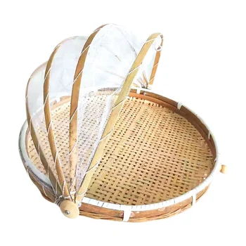

Hand-Woven Food Serving Tent Basket Vegetable Cover Storage Container Outdoor Picnic Food Cover Mesh Tent Basket With Gauze