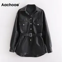 Женские куртки из искусственной кожи, модное черное пальто из искусственной кожи, элегантные женские пальто с поясом, карманами и пуговицами, уличные женские куртки