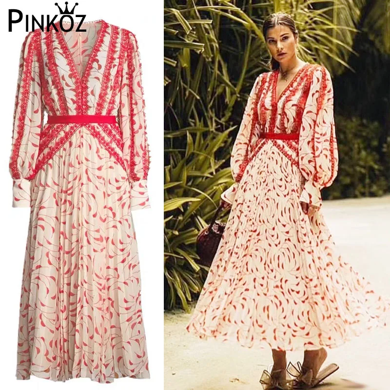 

Pinkkoz New Fashion Runway Designer Dress Elegant Red Lace Printed V-Neck Pleated Vacation Casual Party Max Dress Vestidos