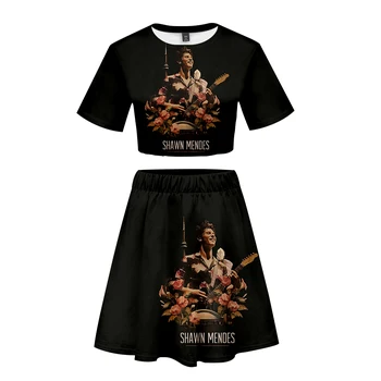 

Shawn mendes print Basic 3D Hipster cool Summer kpop hip hop Navel Short Sleeve+Short Skirt Casual Sets Women 2 Pic Skirts Set