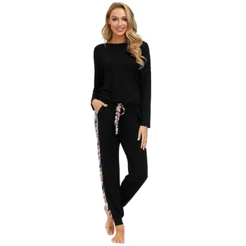 

Zexxxy Women Comfy Pajamas Long Sleeve Tops+Skinny Pants 2pcs Set Sleepwear Solid Color Top Side Seam Printing Stitching Trouser