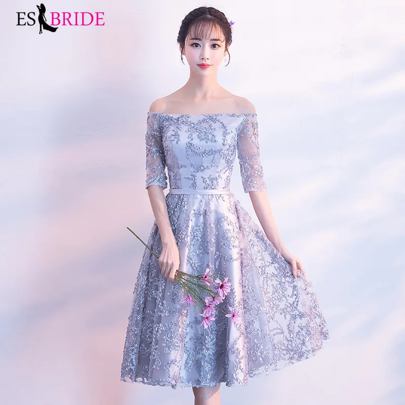 

Special Occasion Grey Lace Appliques Cocktail Dresses Short A-line Elegant Formal Prom Dress ES1872 Vestidos Formales Cortos