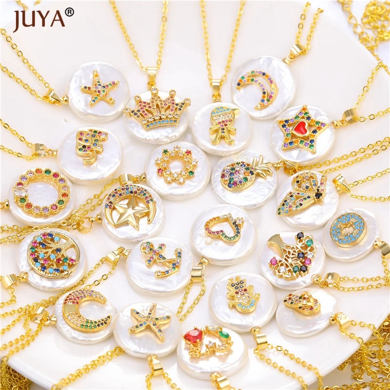 Round White Shell Pendant with Micro Pave Zircon Fashion 24 Pattern Design Pendants Necklaces For Women Jewelry
