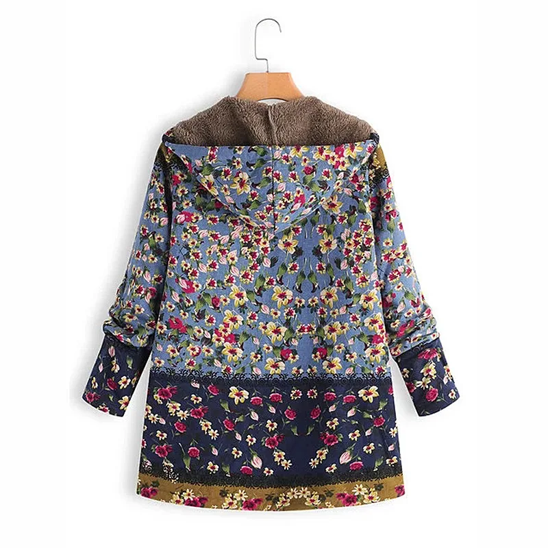 CHANWELL Женское пальто зима Цветочный Принт толстовки с карманами винтаж плюс размер с капюшоном Женская толстовка теплая одежда оверсайз