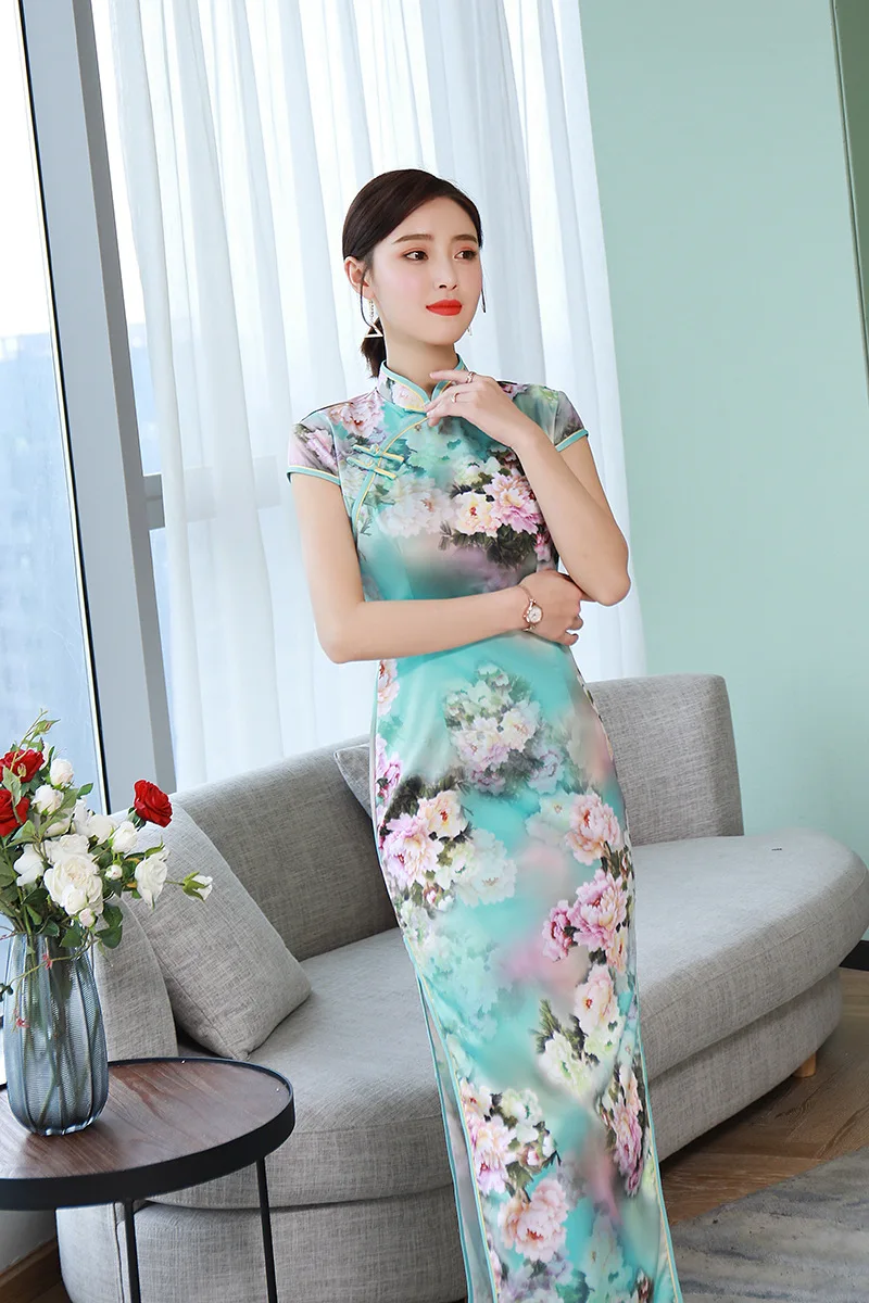 Cheongsam Элегантное Длинное Платье с секциями, весна, платье Ципао на каждый день размера плюс XL, модное тонкое платье для девочек в китайском стиле