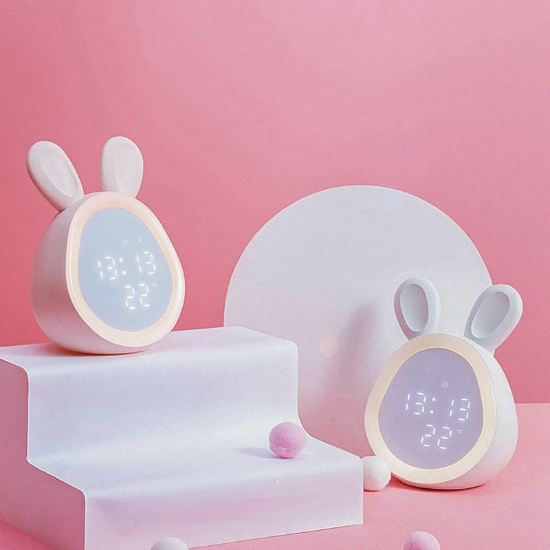  Bunny Ear LED Digital Alarm Clock Electronic LED Display Sound Control Cute Rabbit Night Lamp Desk 