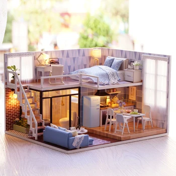 

DIY Miniature Loft Dollhouse Mini 3D Wooden House Miniature Furniture Handmade Toy Whole Home Bathroom Kitchen Living Bed Room