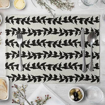 

Leaves Pattern Kitchen Placemat Black White Dining Table Mat Tea Coaster Cotton Linen Pad Bowl Cup Mats 40*30cm Home Decor