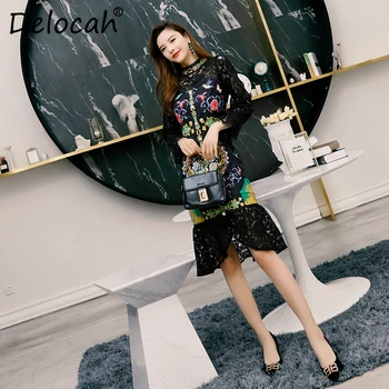 

Delocah Women Autumn Winter Dress Runway Fashion Designer Long Sleeve Gorgeous Lace Crystal Printed Elegant Slim Mermaid Dress