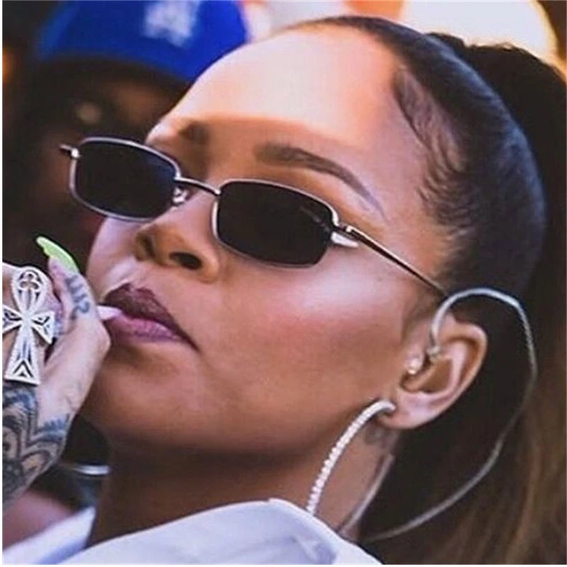 Rihanna, металлические прямоугольные солнцезащитные очки, Роскошные, дизайнерские, женские, оттенки, Ретро стиль, модные, маленькие, квадратные очки, черные, UV400, унисекс