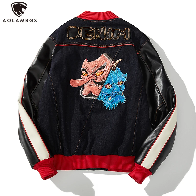 

Aolamegs Men's Hip Hop Jacket Denim Retro Chinese Outwear Autumn Harajuku High Street Punk Streetwear Monster Embroidery Coats