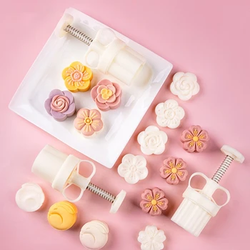 

Mooncake Mold with 1/4 Stamps Cookie Cutter Hand Press Green Bean Cake Pastry Mould DIY Bakeware Mid-autumn Festival