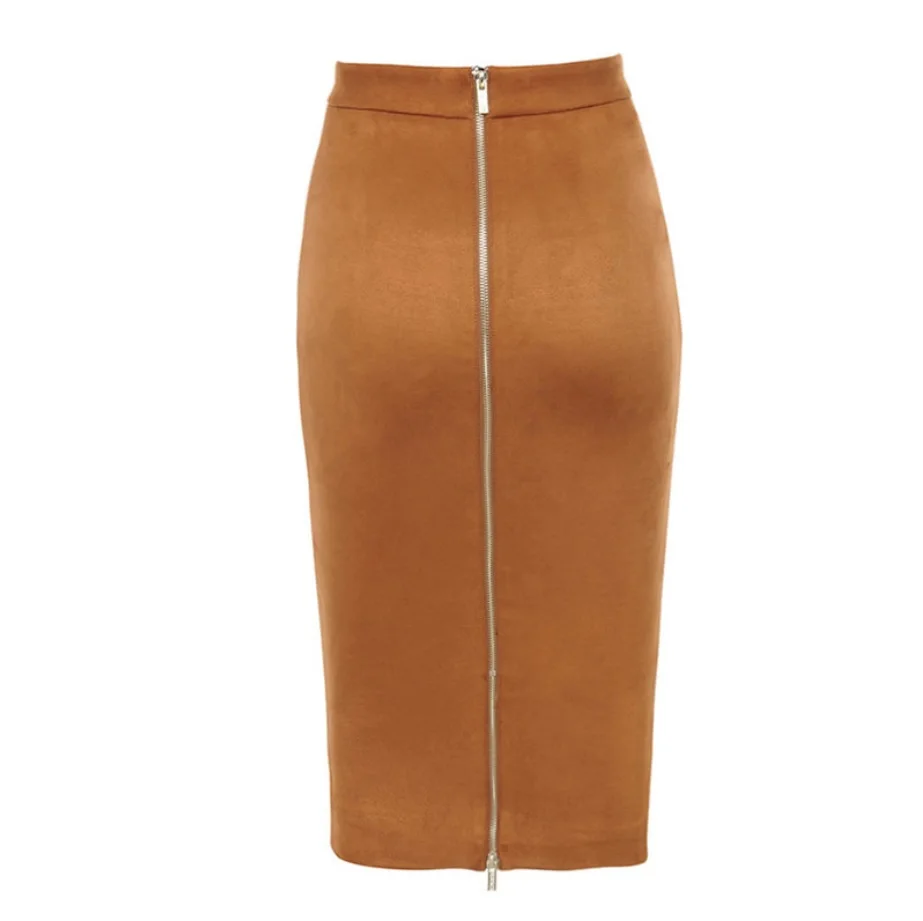 Fall winter bodycon midi pencil skirts women high waist zip down vintage elegant knee length suede black sexy skirts female 4 colors