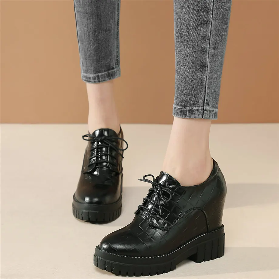 

2021 Punk Oxfords Shoes Women Lace Up Genuine Leather High Heel Ankle Boots Female Round Toe Platform Pumps Shoes Casual Shoes