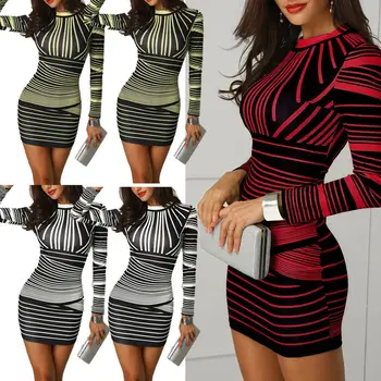 

2019 Women Evening Party Club Mini Dress Spring Sexy Long Sleeve O-Neck Bodycon Dresses Ladies Autumn Striped