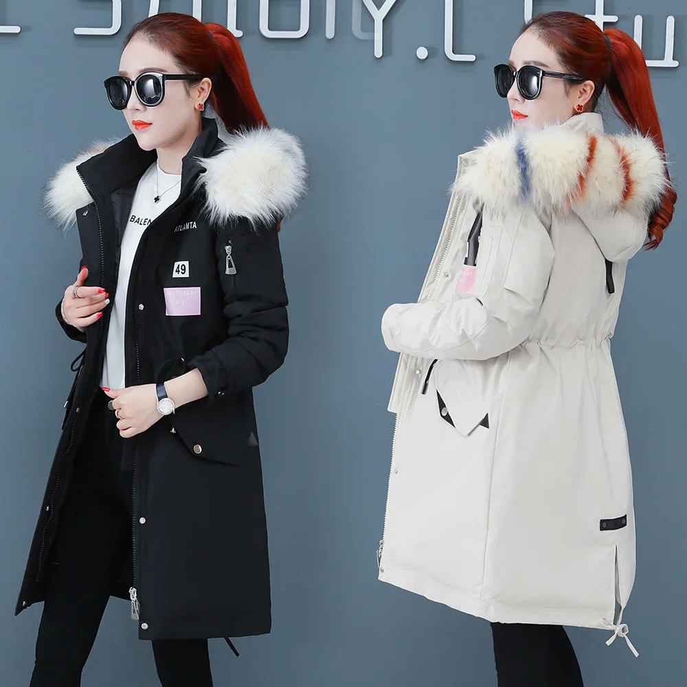 

8979 New Style down Jacket Women's Thick Mid-length Fat Mm Waist Hugging Coat 2019 Pike fu da Hair Linc-