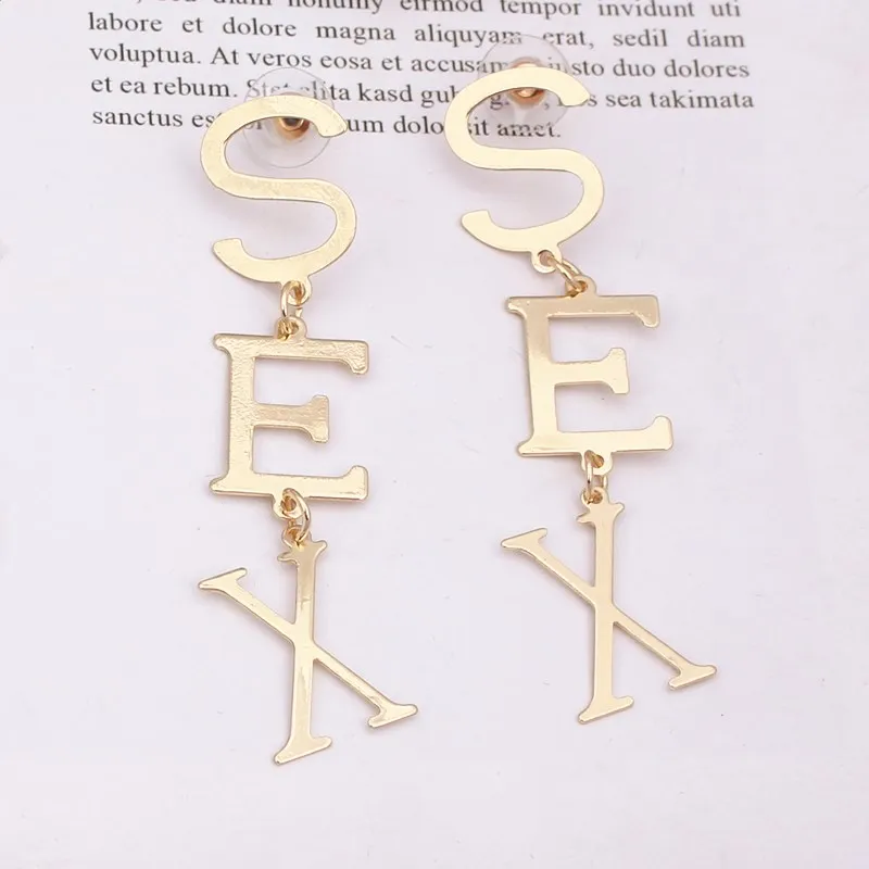 Earring English Alphabet SEX Long Drop For Women Gold Color Metal Letter