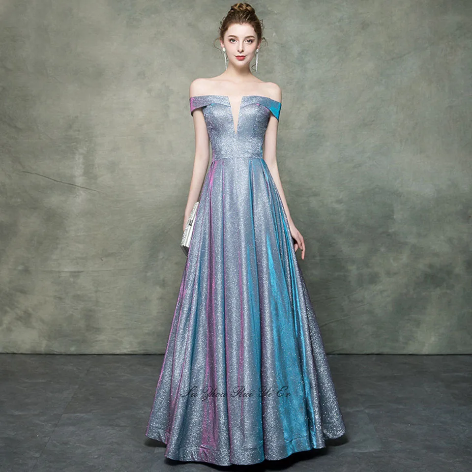 

Robe De Soiree Longue Sparkly Off Shoulder Prom Dresses 2019 Lace Up Back Floor Length A-line Formal Evening Gown For Women