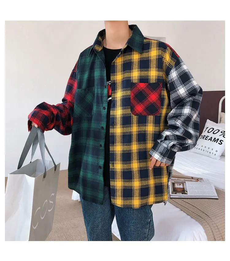 LAPPSTER Men Oversized Cotton Plaid Shirt 2020 Man Hip Hop Patchwork Button Up Long Sleeve Shirt Couple Korean Harajuku Clothing