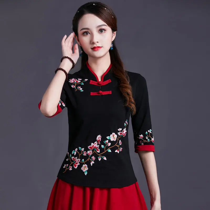 Cheongsam Women's Plus Size Tops Summer Fashion Cotton Embroidery Splicing Stand Collar Chinese Style Qipao Shirts Woman