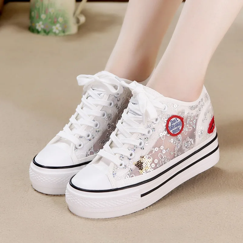 

Spring And Summer New Style Thick Bottomed Platform Canvas Shoes Women's Lace-up Korean-style Fashion Hollow out Gauze Breathabl