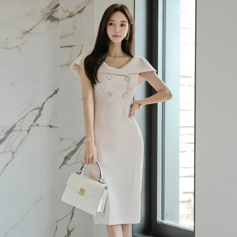

WOMEN'S Dress 2019 Summer New Style Debutante V-neck Double Breasted Waist Hugging Slimming Sheath Dress