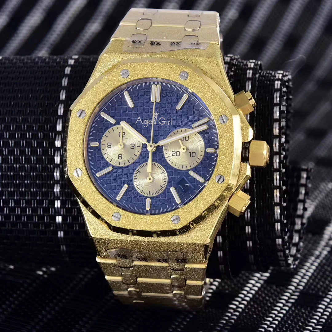 Famous Brand New Men Watch Chronograph Sapphire Stainless Steel Yellow Gold Matte Crystal Stopwatch