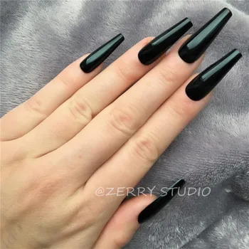 

Extra Long Coffin Fake Nails Black Golssy Press on Nails with Glue Sticker Artificial Plastics Faux Ongles Nepnagels for Party