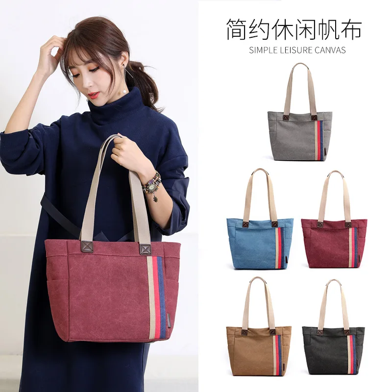 

Lightweight Large Capacity Handbag Women's Casual Simple Canvas Bag Trend Versatile Stripes Shoulder Bag