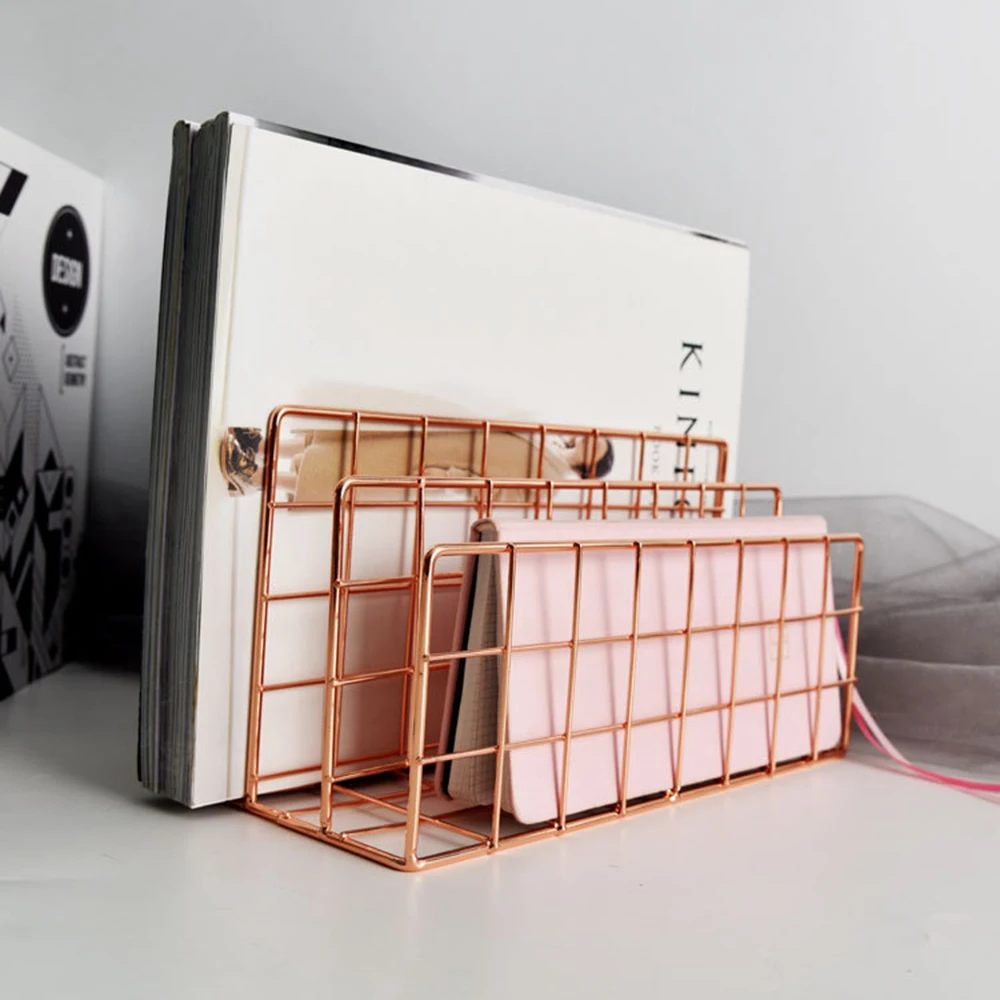 buy Nordic Style Golden Bookshelf Office Desktop Rose Gold Metal Book Block Three Layer Desktop Magazine Shelf Book Holder