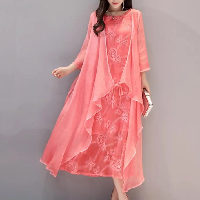 Dress Suits Women Two Piece Sets With Jacket Chiffon Silk Vintage Embroidery Mother of The Bride Long Dresses Robe Wedding Wear