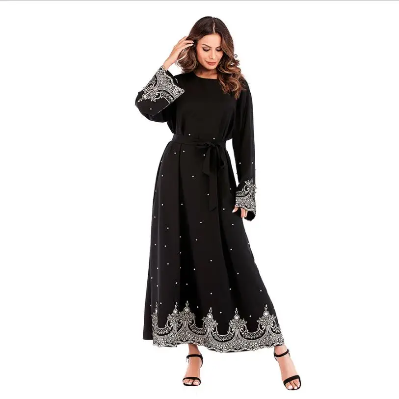 black Модный исламский кружева шить Бисер мусульманка jubah женский арабских отличное качество макси размера плюс мусульманский кардиган Абайи wq1166 - Цвет: black