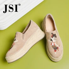 JSI/Женская обувь с круглым носком; детская замшевая обувь без застежки; Повседневная Удобная женская обувь на плоской подошве с вышивкой; женская обувь на массивной платформе; jo360