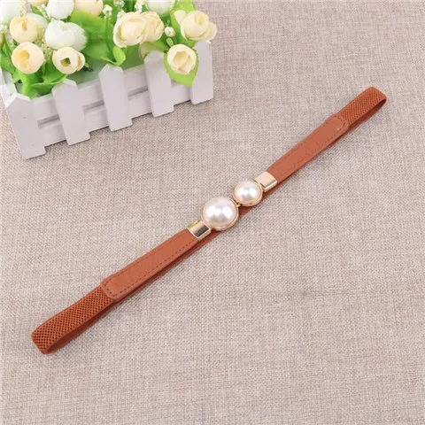 Fashion thin PU leather belt imitation pearl elastic waist belts women dress skirt decoration fashion Girles gifts