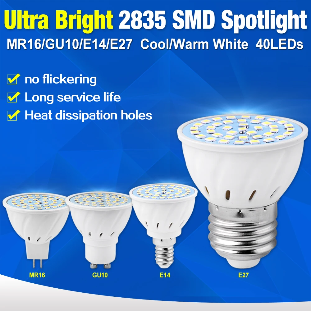 

220V GU10 E27 E14 MR16 GU5.3 Lampara Led Bulb 40 60 80leds Spot Light Bulb Corn Bulb Spotlight Lamp Bombillas 4W 6W 8W Ampoule