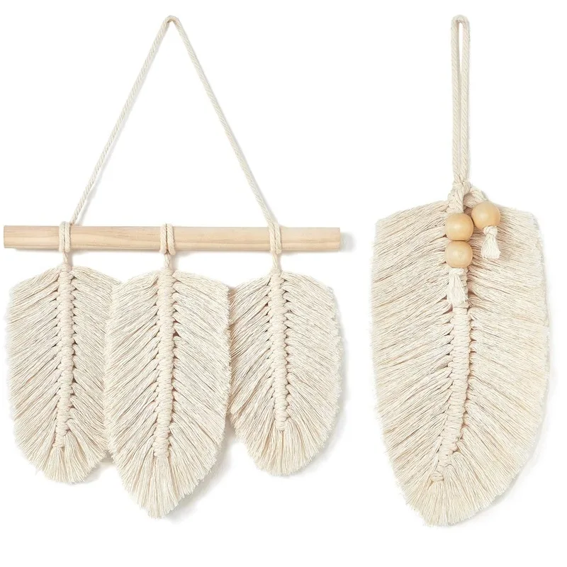 

2pcs Small Macrame Wall Hanging Feather Boho Chic Woven Leaf Tassels Decoration Cotton Ornaments with Wooden Beads Home Decor