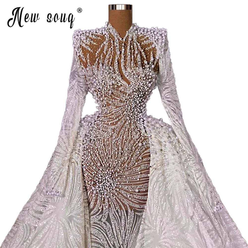 Vestidos De novia De sirena De tren desmontable, vestido De novia De manga larga, cuello alto, perlas, 2 en 1