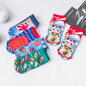 

Fortune Cat Women Sock Cartoon Ladies Socks Thin Unisex Short Casual Fish Cotton Sox Girls Food Spring Print Trendy Skarpetki