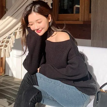 

Female Sweater Off-shoulder halter Slim Bottom Sweater Solid Color Loose Split Long-Sleeved Sweater