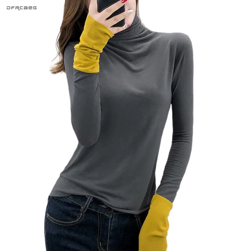 

Patchwork Turtleneck Cotton T-shirt Women 2019 Autumn Streetwear Long Sleeve Tee Shirts Clothing Casual Female Ladies Tops
